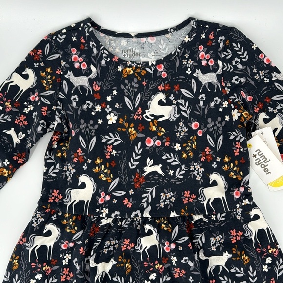 Girl Unicorn Fox Flora Black Flare Dress - Picture 2 of 8